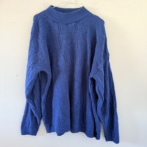 Vintage 80s Spunky Textured Knit Sweater | Blue Mock Neck Made in USA